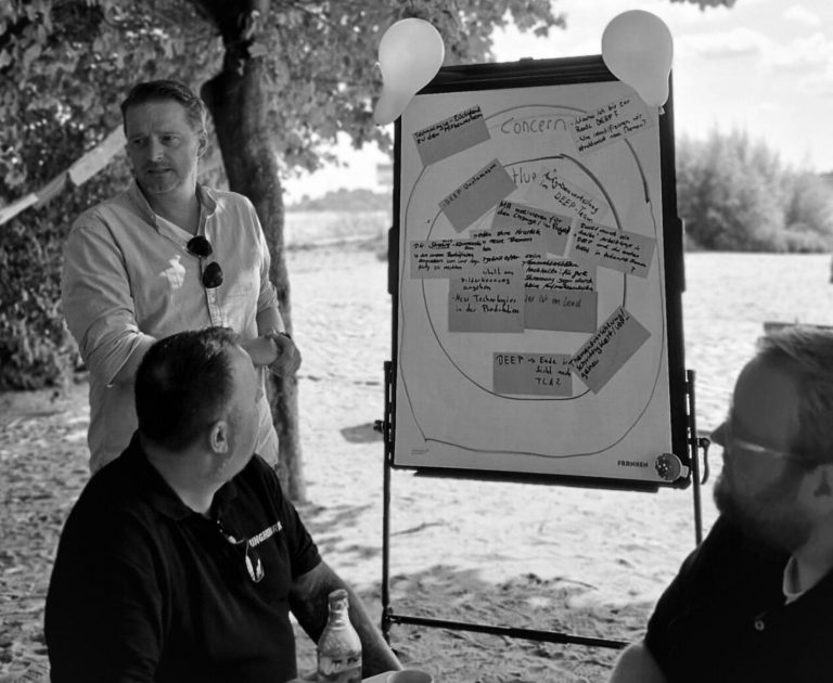 Bjorn Kiggen leitet einen Resilienz-Workshop für Jungheinrich-Mitarbeiter an der Elbe zum Thema „Circle of Concern vs. Circle of Control“.